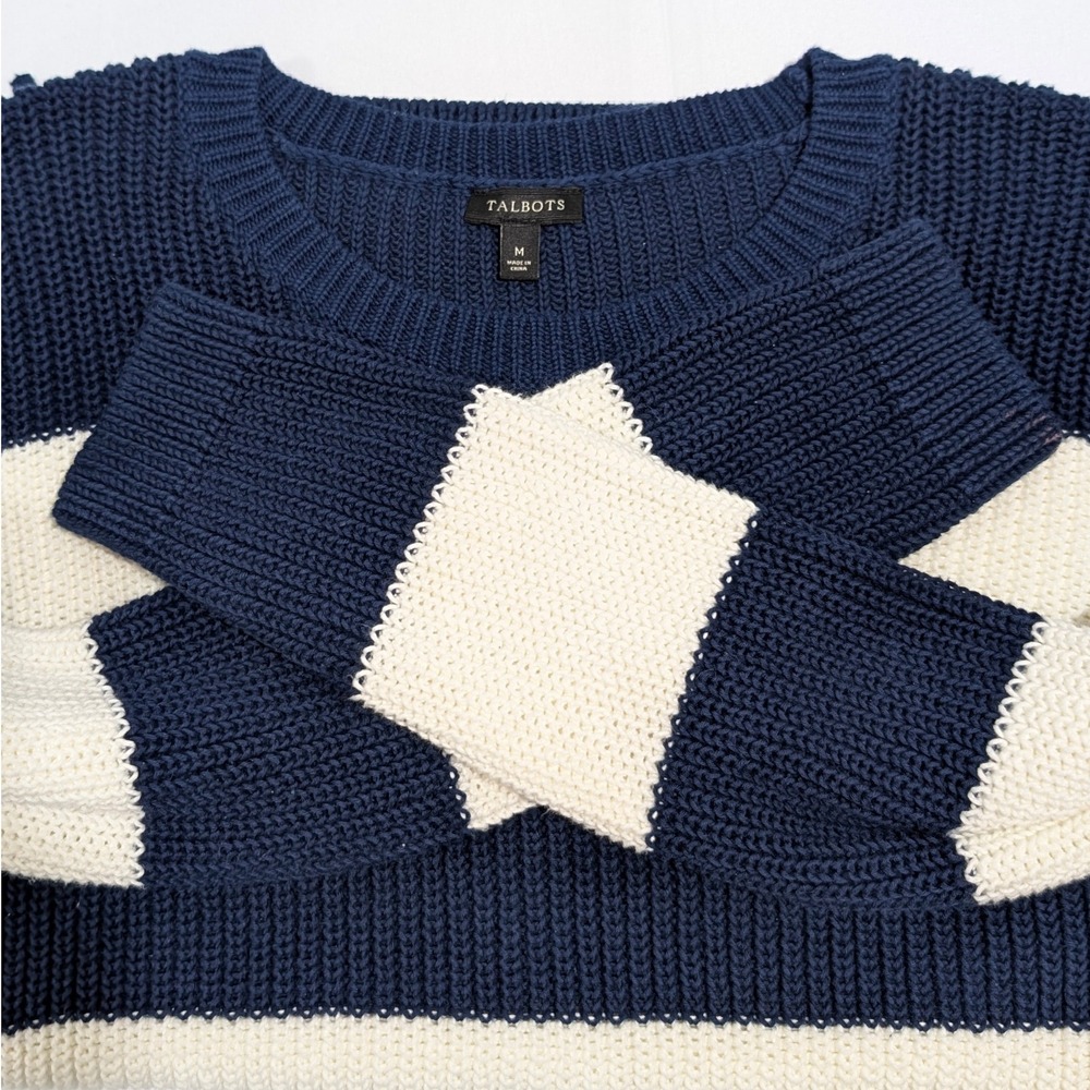 Talbots Striped Nautical Coastal Vibe Knit Sweater Lace Up Side Navy Cream‎ M - Picture 7 of 11